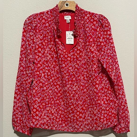 J Crew Factory NWT Smocked High Neck Top Size S in Bright Cerise Soft Azal - Picture 2 of 9